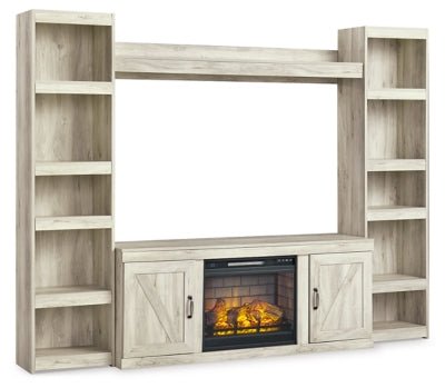 Ashley Whitewash Bellaby EW0331W8 4 - Piece Entertainment Center with Electric Fireplace | Home Elegance USA