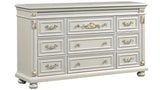 Elegant Destiny dresser in pearl finish with solid wood construction and decorative carved details