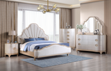 Elizabeth Bedroom Set by Cosmos Furniture featuring sculpted curved silhouettes, arched headboard, dresser, mirror, nightstand, and chest. Soft transitional design with fluid lines. Includes full dimensions and components.