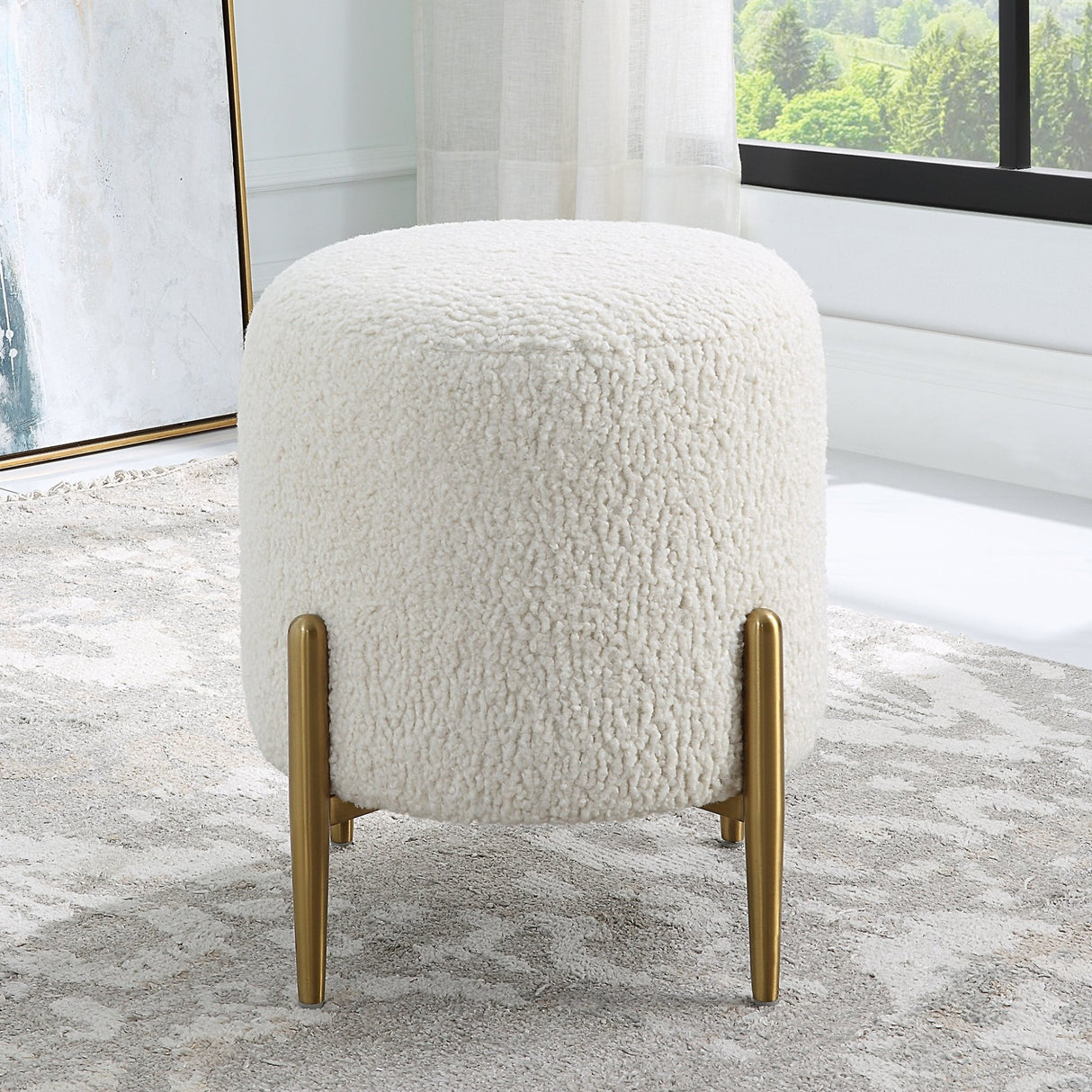 Arles White Shearling Brass Ottoman | Uttermost | Home Elegance USA