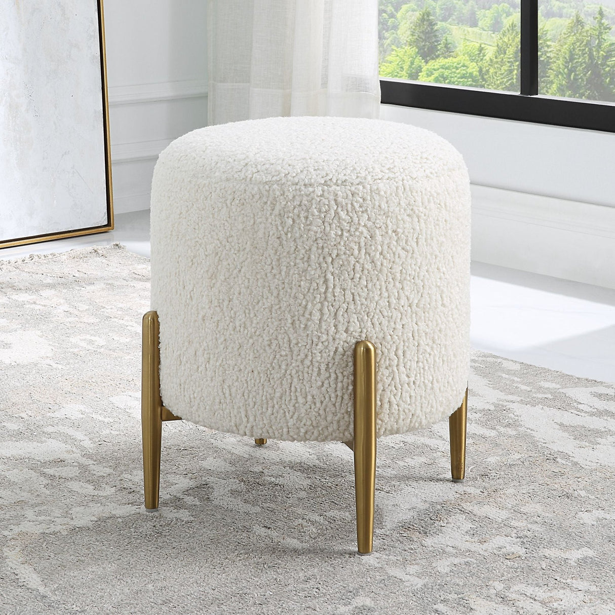 Arles White Shearling Brass Ottoman | Uttermost | Home Elegance USA