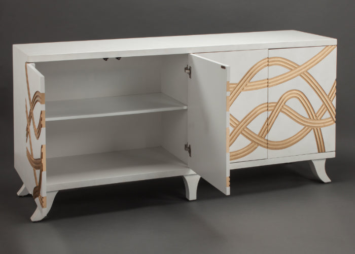 Frosty White Buffet with Gold accents by Artmax. Elegant storage cabinet with optional wall mirror, modern rectangular shape, and luxury design for dining or living spaces.