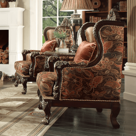 Decorative armchair with floral pattern in a living room setting