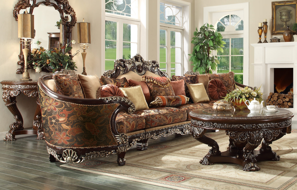 HD-111 Traditional Mahogany Sectional – Luxurious Chenille Upholstery & Hand-Carved Wood | Homey Design
