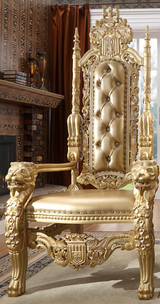 Decorative gold throne chair with intricate designs in a room setting. homeeleganceusa.com