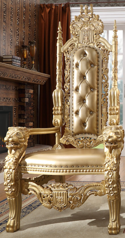 Decorative gold throne chair with intricate designs in a room setting. homeeleganceusa.com