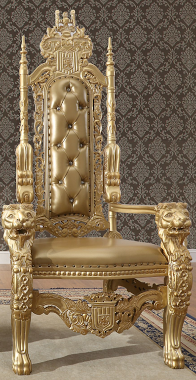 Gold throne chair with intricate designs on a patterned background - Homeeleganceusa.com