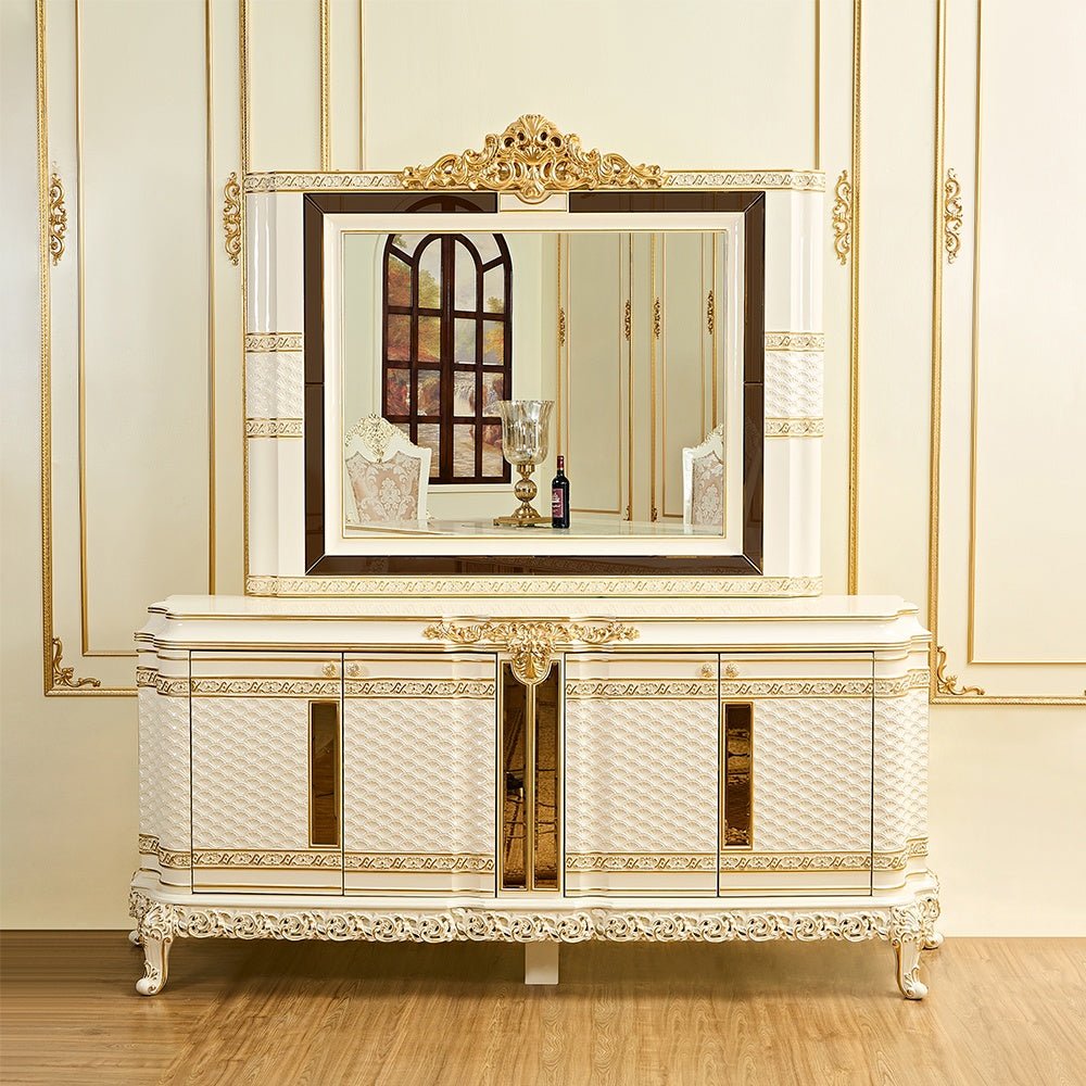 HD-1882 Luxury Buffet with Mirror In Antique White Lacquer w/Gold Finish | Homey Design