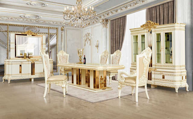 HD-1882 Luxury Oval Dining Table Set In Antique White Lacquer w/Gold Finish | Homey Design