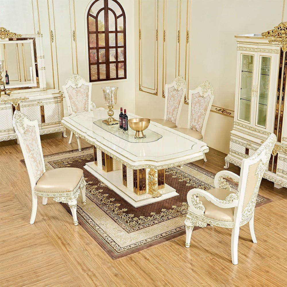 HD-1882 Luxury Oval Dining Table Set In Antique White Lacquer w/Gold Finish | Homey Design