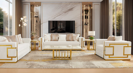 HD-2131 Luxurious Living Room Set in White Upholstery with Gold Accents | Homey Design