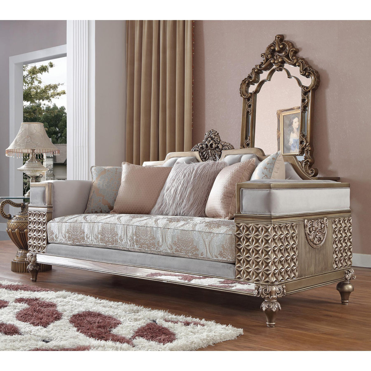 HD-6033 Traditional Sofa and Loveseat in Pearl Fabric & Bronze Finish by Homey Design Homey Design Furniture