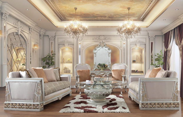 HD-6034 Traditional Sofa and Loveseat in Silver Finish Beige Pearl Fabric by Homey Design Homey Design Furniture