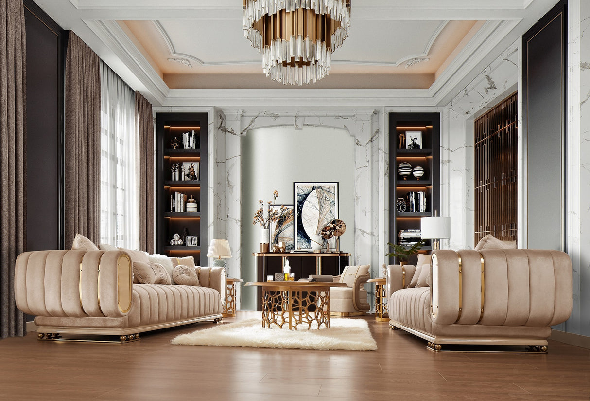 HD-9004 Sofa Set – Luxury Upholstered Sofa with Gold Accents | Home Elegance
