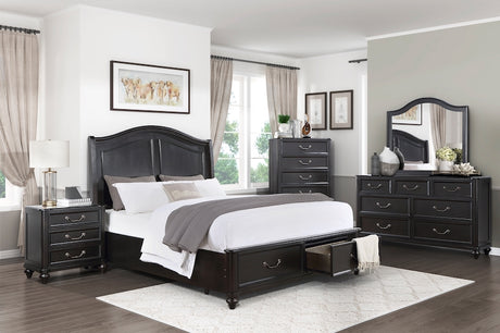 Herman charcoal brown bedroom set with platform storage bed, antique pewter hardware, and dovetail drawers. Includes bed, dresser, mirror, nightstand, and chest. Dimensions up to 81.5W × 92D × 59.5H.