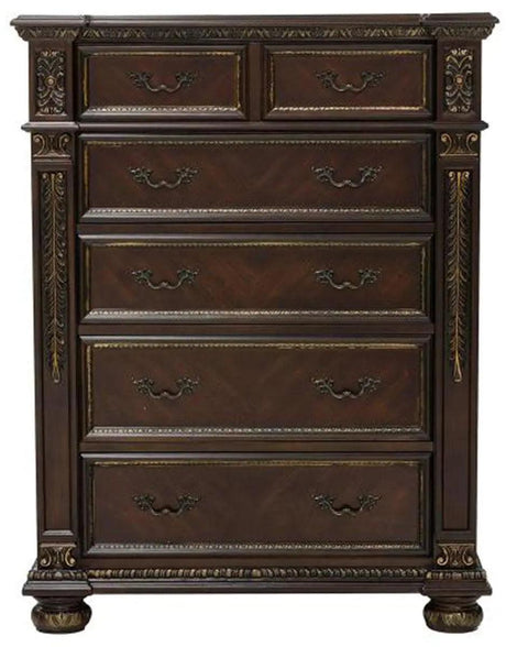 Catalonia 5-Drawer Traditional Chest Dark Cherry & Gold Tipping – Homelegance