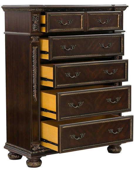Catalonia 5-Drawer Traditional Chest Dark Cherry & Gold Tipping – Homelegance