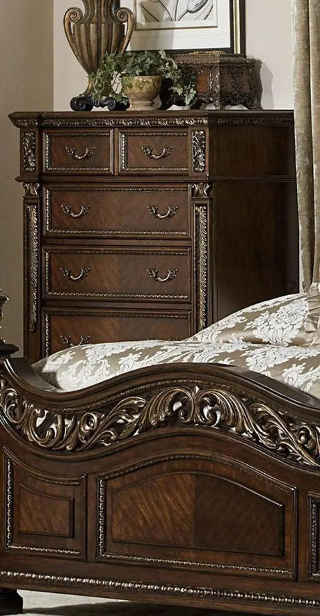 Catalonia 5-Drawer Traditional Chest Dark Cherry & Gold Tipping – Homelegance