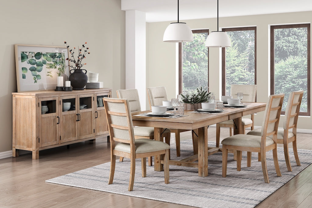 Dining room with wooden furniture including a table and chairs, sideboard, and decor items.