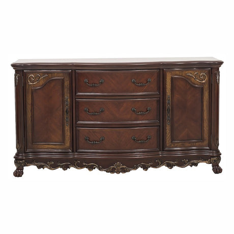 Wooden sideboard with marble top on a white background