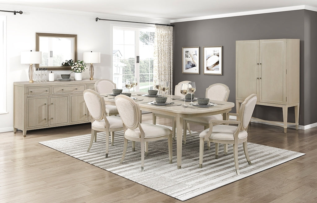Dining room with beige furniture set, including a table and chairs, on a wooden floor.