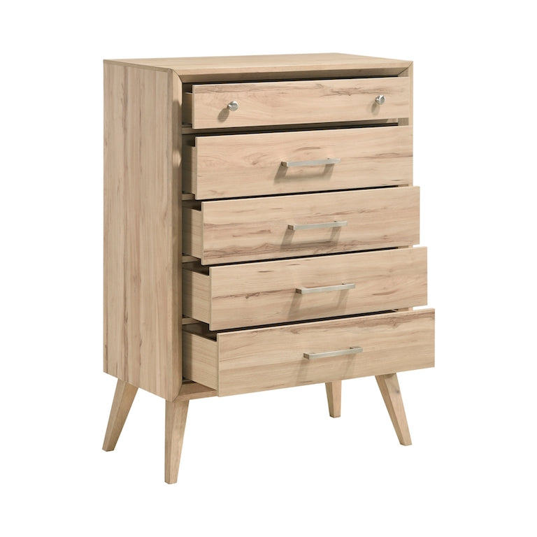 Wooden dresser with five drawers on a white background