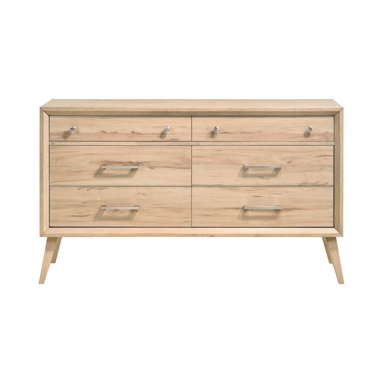 Homelegance Marrin 6-Drawer Dresser in natural oak finish with brushed nickel hardware. Measures 60W x 17D x 36.5H. Features six drawers with smooth metal glides.