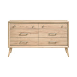 Homelegance Marrin 6-Drawer Dresser in natural oak finish with brushed nickel hardware. Measures 60W x 17D x 36.5H. Features six drawers with smooth metal glides.