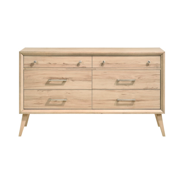 Homelegance Marrin 6-Drawer Dresser in natural oak finish with brushed nickel hardware. Measures 60W x 17D x 36.5H. Features six drawers with smooth metal glides.