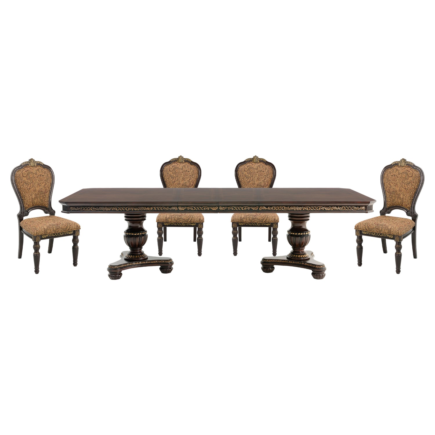 Dining table with four ornate chairs on a white background