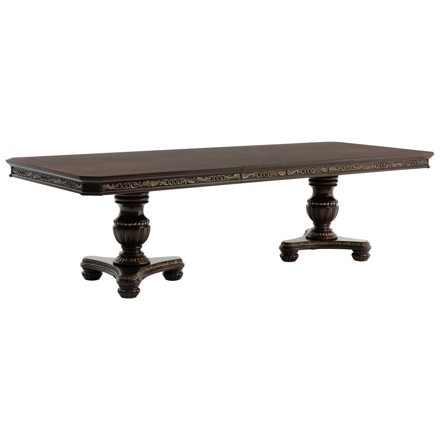 Decorative dark wood table with intricate carvings on a white background