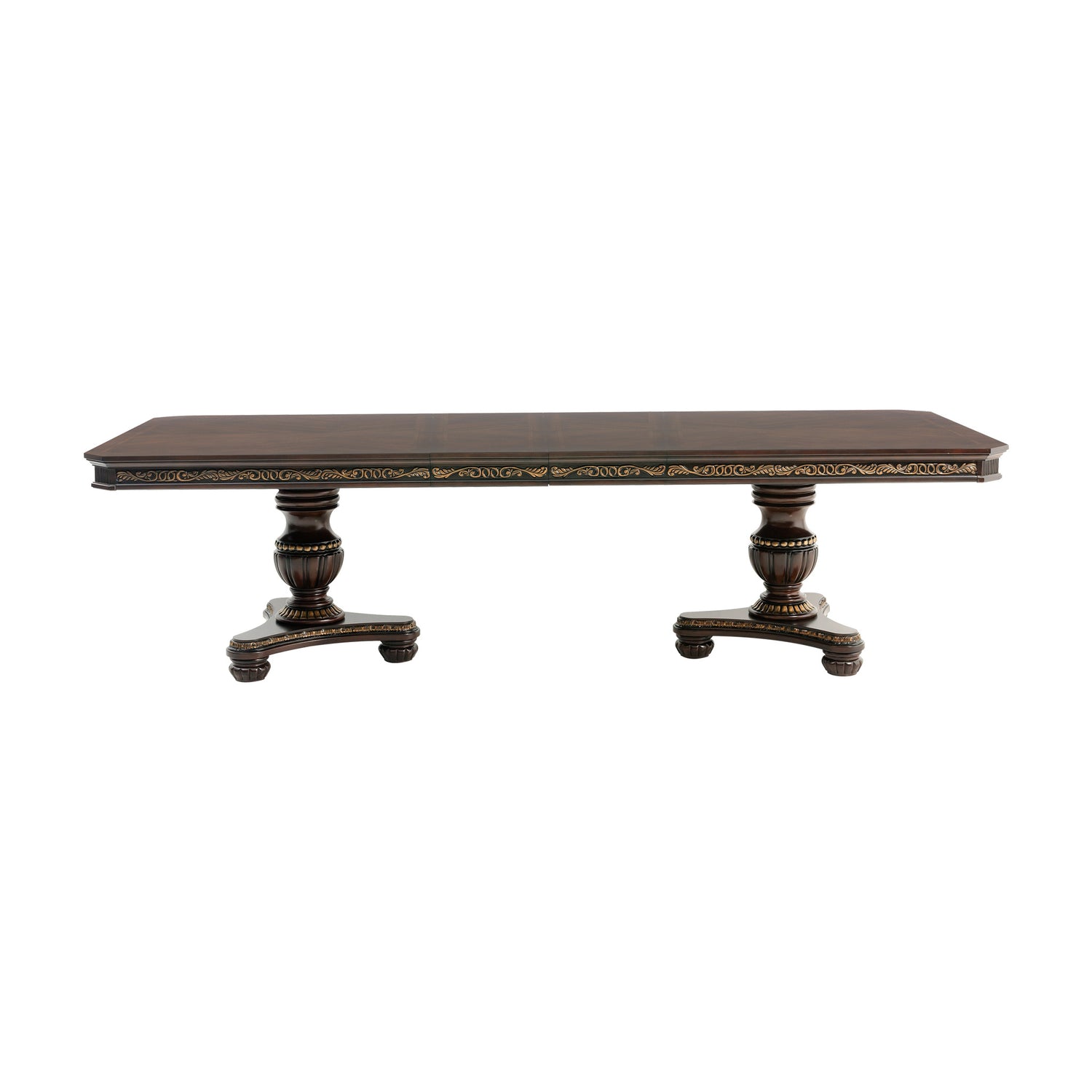 Decorative wooden table with intricate carvings on a white background
