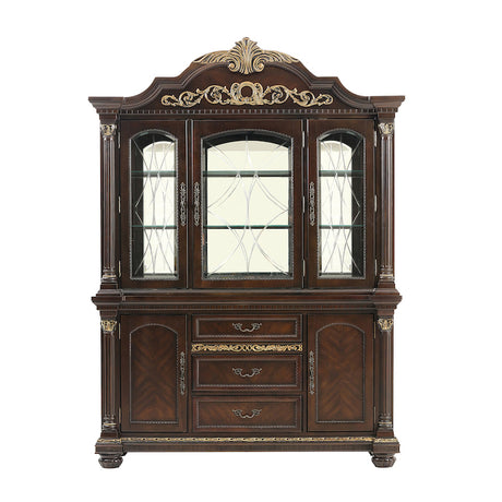Decorative wooden cabinet with glass doors and gold accents on a white background