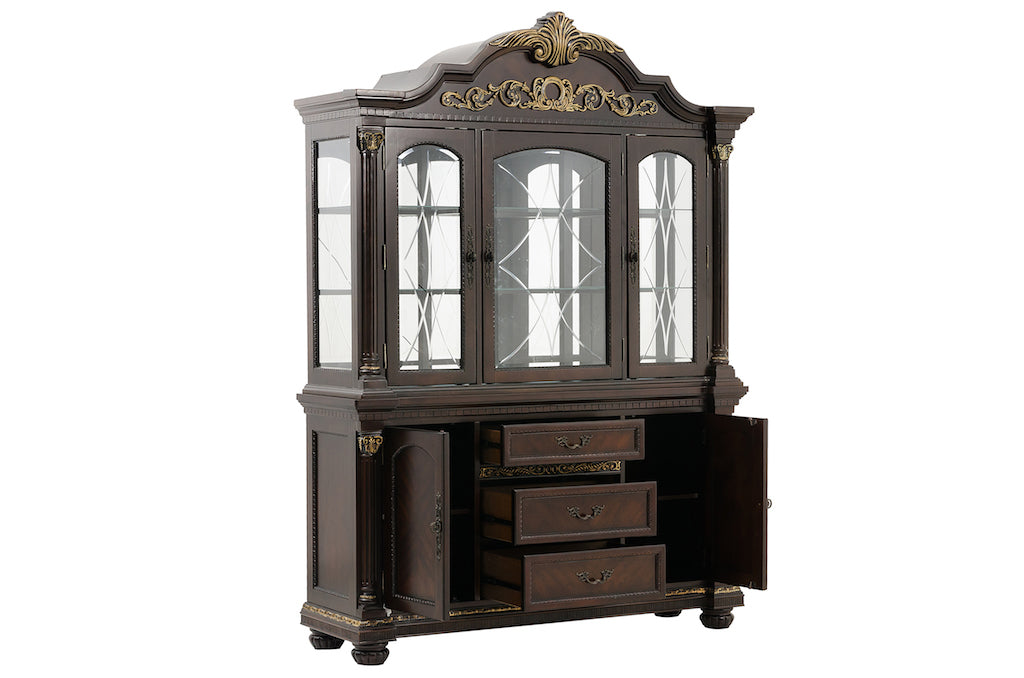 Dark wooden china cabinet with glass doors and decorative top on a white background