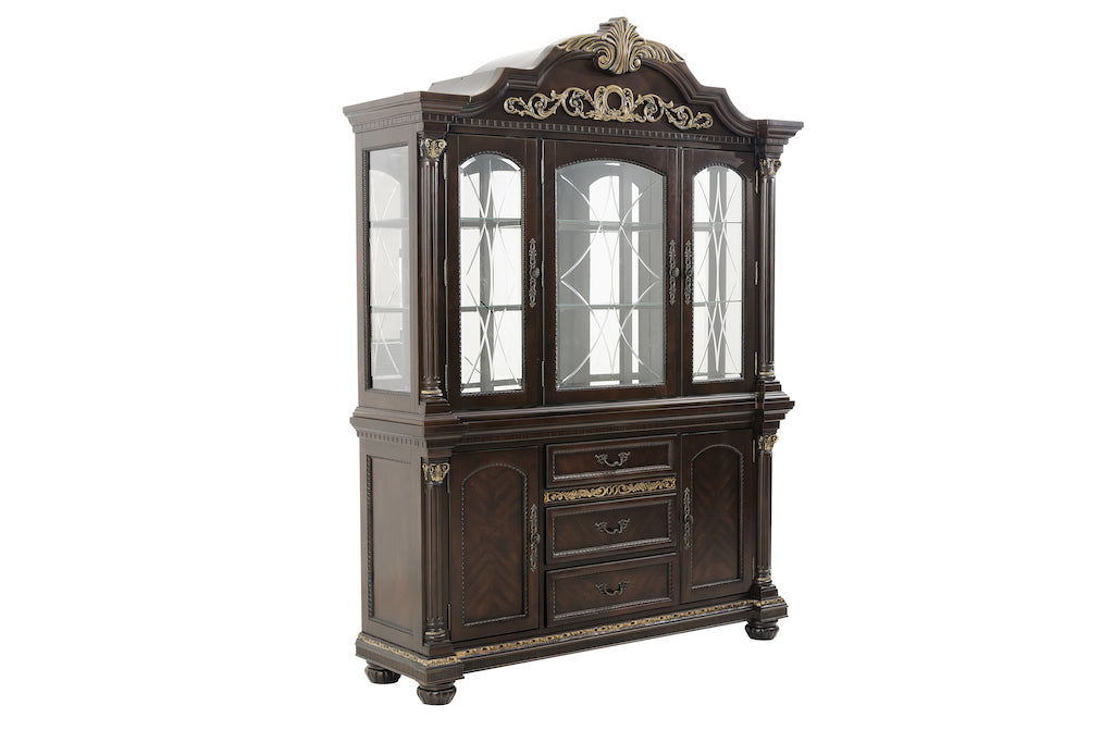 Decorative wooden cabinet with glass panels on a white background