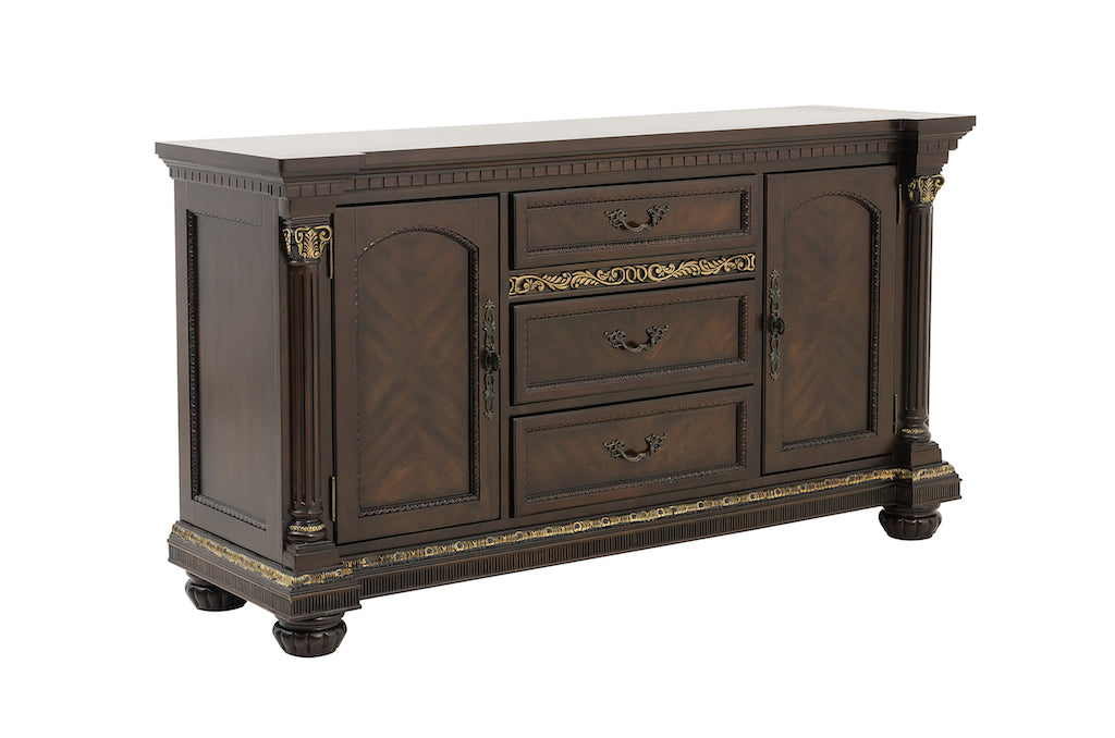Dark wood sideboard with decorative elements on a white background