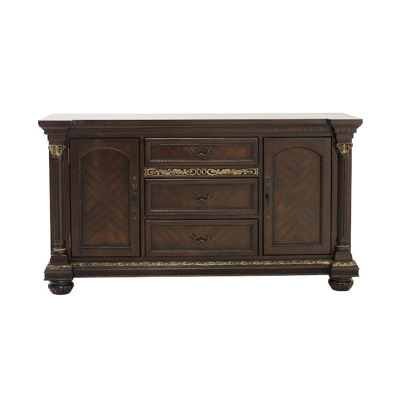 Dark wood sideboard with marble top on a white background