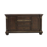 Dark wood sideboard with marble top on a white background