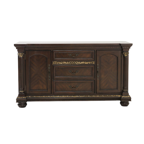 Dark wood sideboard with marble top on a white background