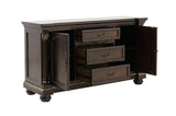 Dark wooden sideboard with open doors and drawers on a white background