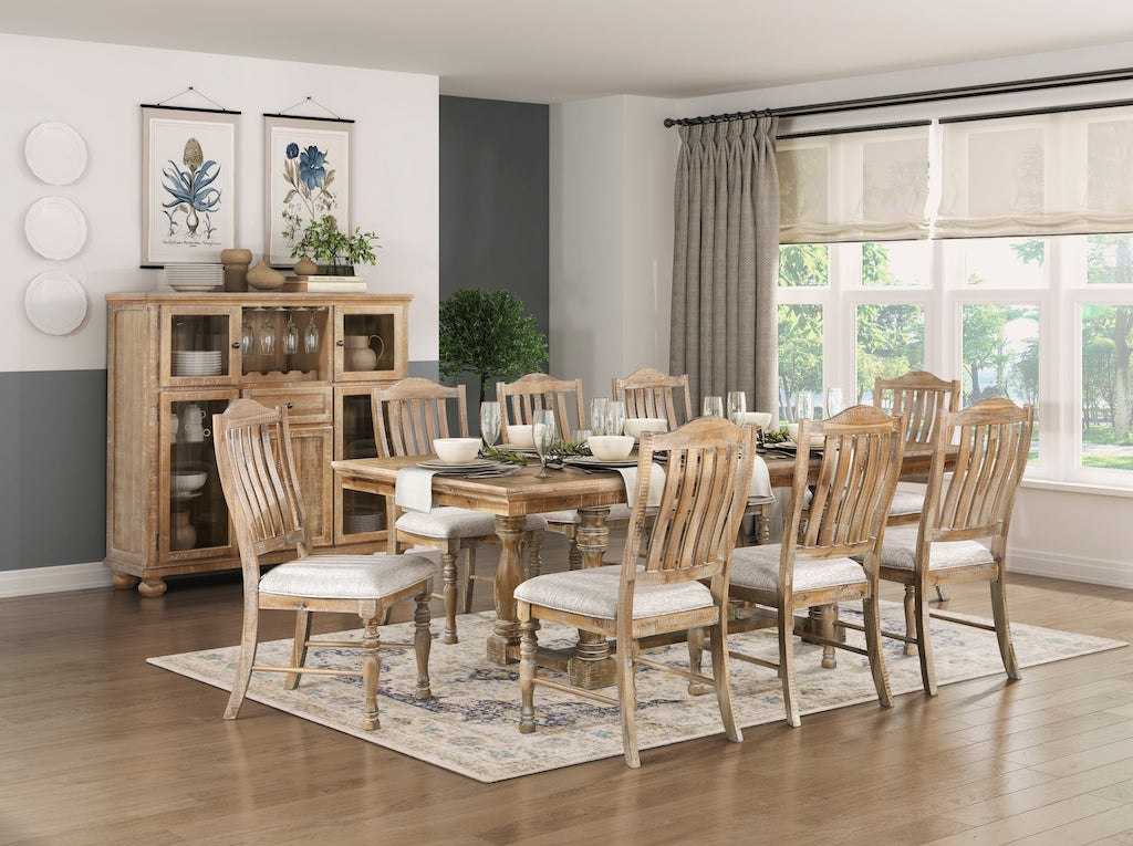 Dining room with wooden furniture, including a table and chairs, in a well-lit room.