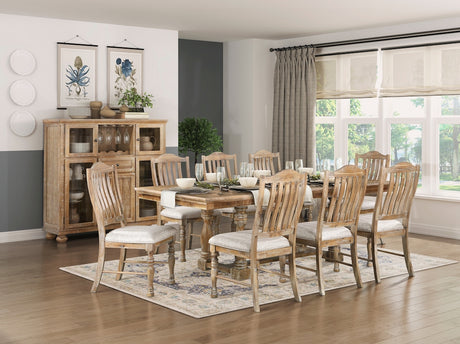 Dining room with wooden furniture, including a table and chairs, in a well-lit room.