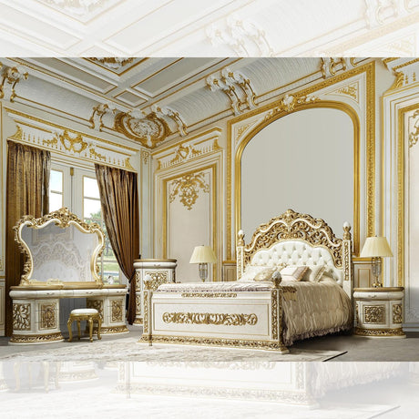 Homey Design HD-903 King Size Bedroom Set in Antique White and Gold Finish