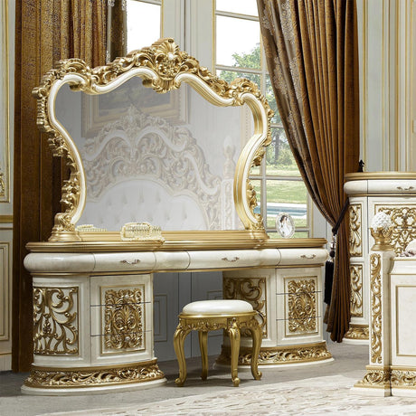 Homey Design HD-903 King Size Bedroom Set in Antique White and Gold Finish