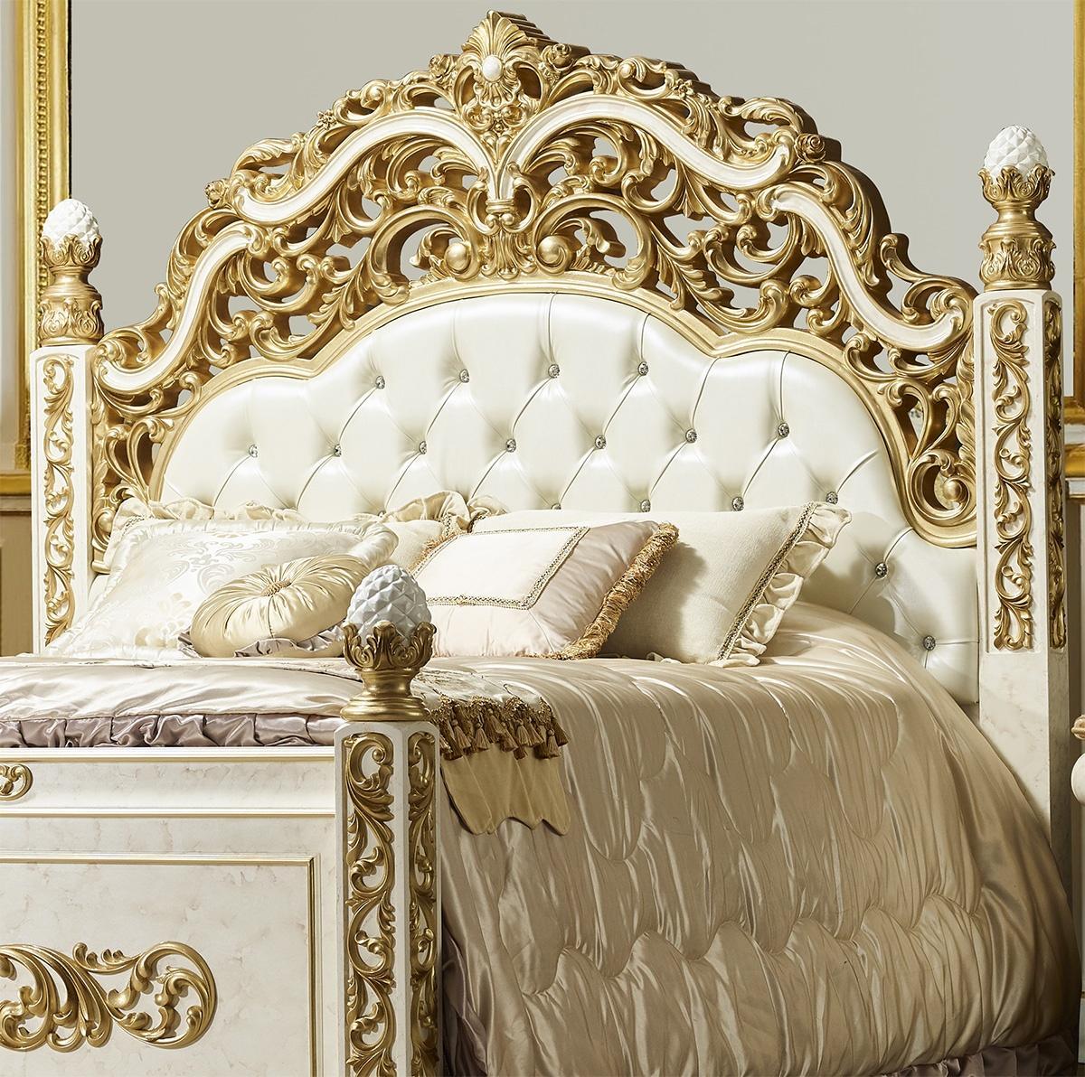 Homey Design HD-903 King Size Bedroom Set in Antique White and Gold Finish