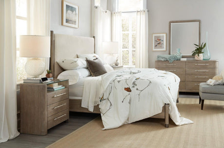Affinity Upholstered Bed in Greige Oak with Kurtz Linen Headboard | Hooker Furniture