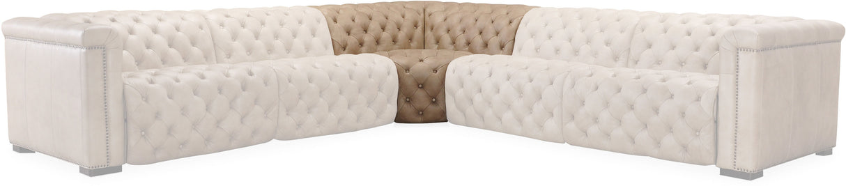 Sectional sofa with tufted genuine leather design in brown color.