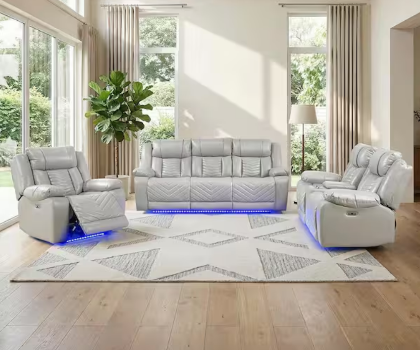 Huron 3-Piece Power Reclining Living Room Set Gray Faux Leather – Homelegance