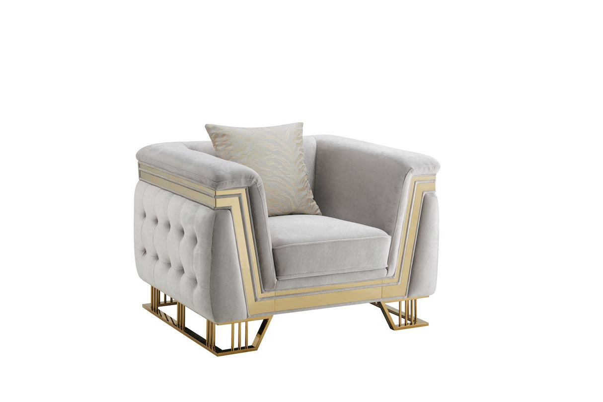 Judy Chair by Cosmos Furniture featuring modern tufted upholstery and gold accents; chair (46×38×32).