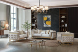 Judy Living Room Set by Cosmos Furniture featuring modern tufted upholstery and gold accents; includes sofa (92×38×32), loveseat (70×38×32), and chair (46×38×32).